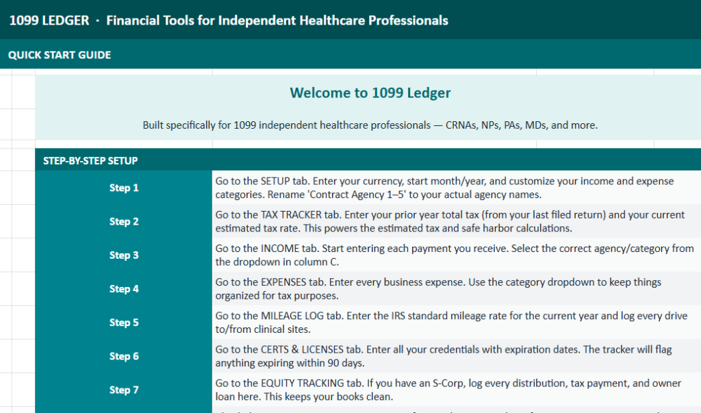 Screenshot of The 1099 Ledger bookkeeping spreadsheet