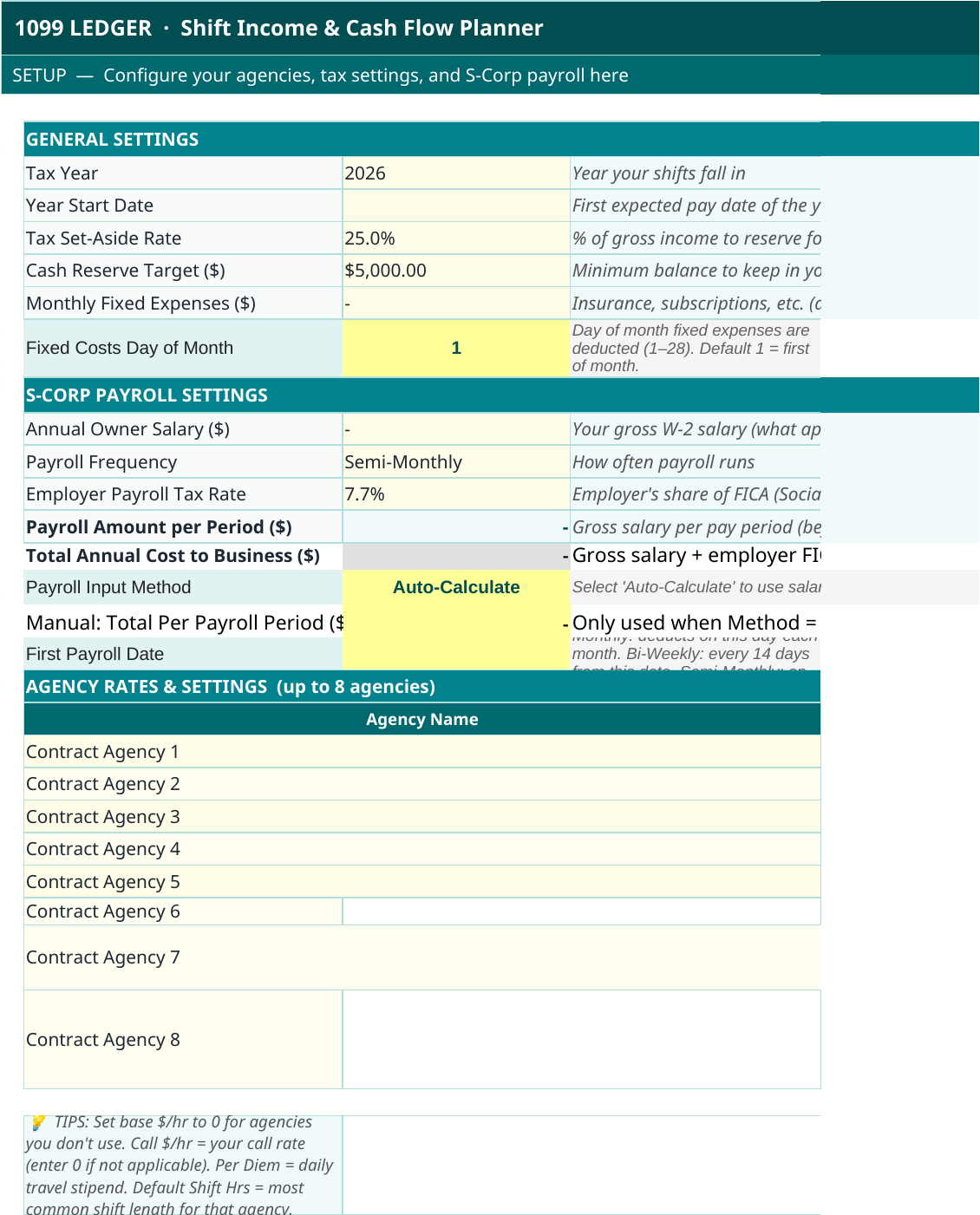 The Cashflow Planner setup sheet showing tax set-aside rate, cash reserve target, S-corp payroll settings, and agency rate configuration